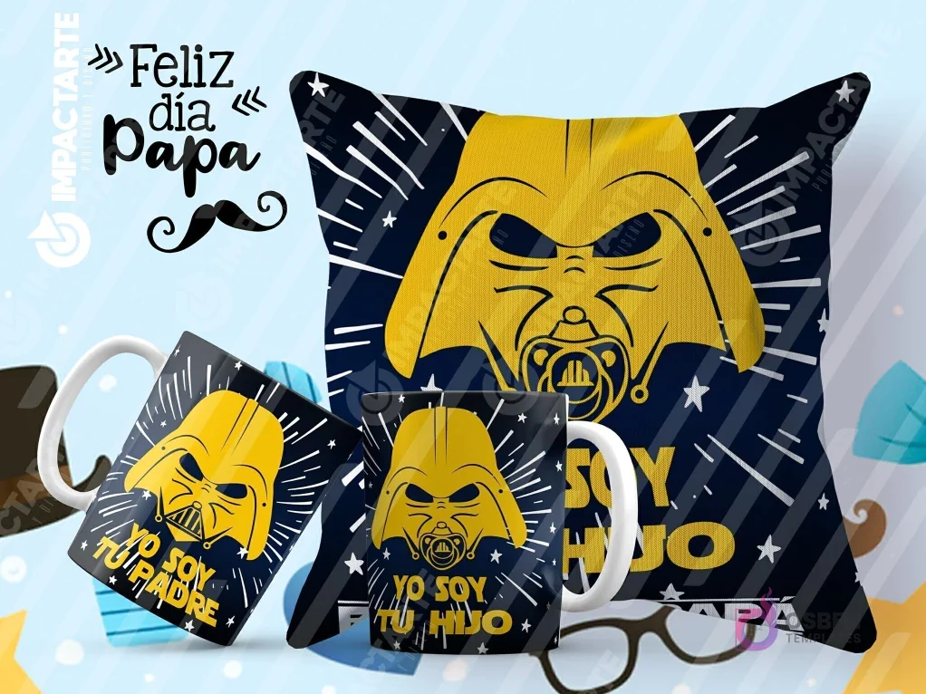 Tazas y cojín de sublimación negros con diseño de Darth Vader con chupete y la frase 'Yo soy tu hijo' al estilo Star Wars.