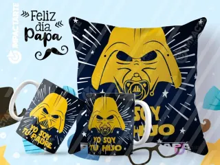 Tazas y cojín de sublimación negros con diseño de Darth Vader con chupete y la frase 'Yo soy tu hijo' al estilo Star Wars.
