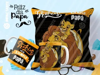 Tazas y cojín de sublimación con diseño del Rey León (Mufasa y Simba) y la frase 'Gracias por tu ejemplo papá'.