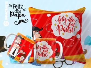 Tazas y cojín de sublimación rojos con diseño de Los Padrinos Mágicos (Cosmo y Wanda con Timmy) y la frase 'Feliz día del Padre'.