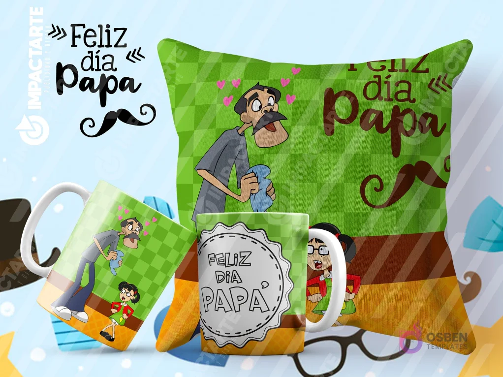 Tazas y cojín de sublimación verdes a cuadros con diseño de Don Ramón del Chavo del 8 y la frase 'Feliz día Papá'.