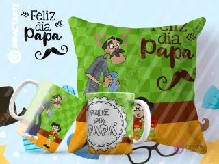 Tazas y cojín de sublimación verdes a cuadros con diseño de Don Ramón del Chavo del 8 y la frase 'Feliz día Papá'.