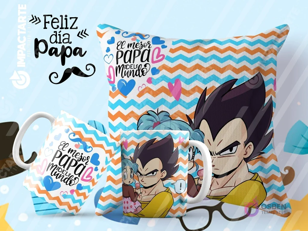 Tazas y cojín de sublimación con zigzags y corazones, diseño de Vegeta y Bulma con la frase 'El mejor papá del mundo'.