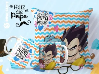 Tazas y cojín de sublimación con zigzags y corazones, diseño de Vegeta y Bulma con la frase 'El mejor papá del mundo'.