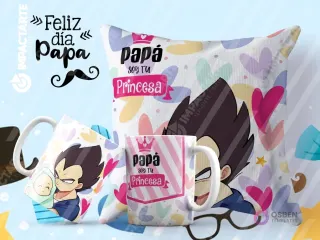 Tazas y cojín de sublimación con patrones de corazones y rayas rosas, diseño de Vegeta con su hija princesa y la frase 'Papá soy tu princesa'.