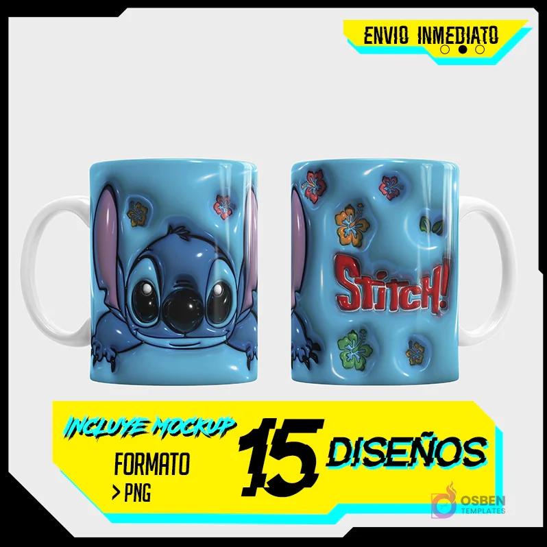 Plantilla 3D de taza con el personaje Stitch de Lilo y Stitch, fondo azul texturizado y burbujas, vista frontal de su cara y trasera con el nombre 'Stitch!'.