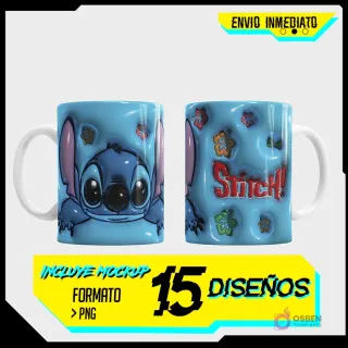 Plantilla 3D de taza con el personaje Stitch de Lilo y Stitch, fondo azul texturizado y burbujas, vista frontal de su cara y trasera con el nombre 'Stitch!'.