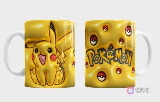 Plantilla 3D de taza con Pikachu de Pokémon, fondo amarillo texturizado con Pokebolas en relieve, vista frontal de Pikachu y trasera con el logo 'Pokémon'.