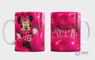 Plantilla 3D de taza con Minnie Mouse de Disney, vestida de rosa con lunares, fondo rosa vibrante texturizado con corazones, vista frontal y trasera con el nombre 'Minnie'.