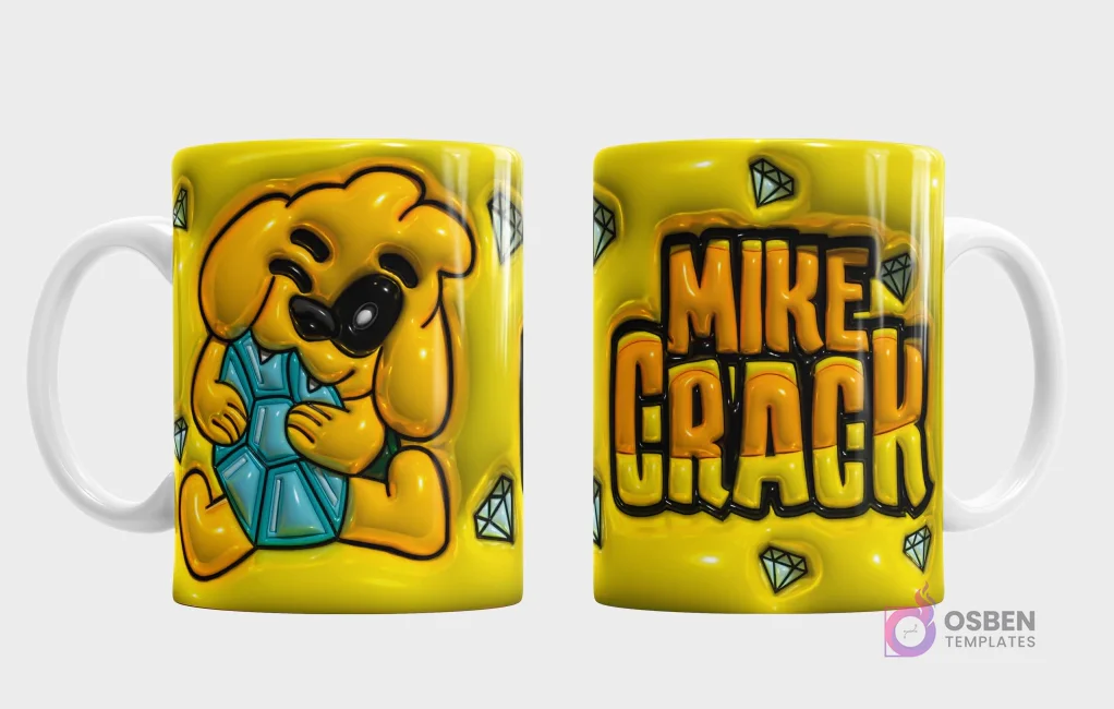 Plantilla 3D de taza con el personaje Mikecrack, fondo amarillo brillante texturizado con diamantes, vista frontal del personaje y trasera con el logo 'Mikecrack'.