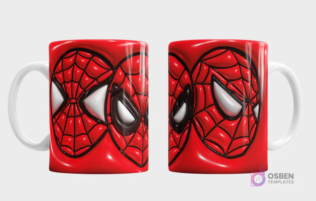 Plantilla 3D de taza con la máscara de Spiderman de Marvel, diseño en rojo con texturas de telaraña y ojos blancos 3D, vistas frontal y trasera detalladas.