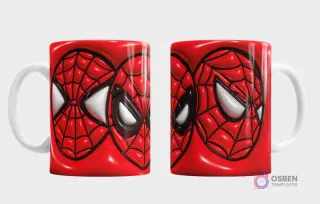 Plantilla 3D de taza con la máscara de Spiderman de Marvel, diseño en rojo con texturas de telaraña y ojos blancos 3D, vistas frontal y trasera detalladas.