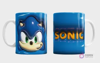 Plantilla 3D de taza con Sonic el Erizo, fondo azul brillante texturizado, vista frontal de su cara sonriente y trasera con el nombre 'Sonic'.