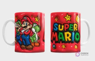 Plantilla 3D de taza con Super Mario, Luigi y Yoshi, fondo rojo vibrante texturizado con estrellas y elementos del juego, vista frontal y trasera con el logo 'Super Mario'.