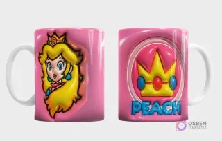 Plantilla 3D de taza con la Princesa Peach de Super Mario, fondo rosa texturizado, vista frontal de Peach y trasera con su corona y el nombre 'Peach'.