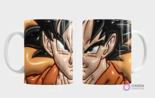 Plantilla 3D de taza con el personaje Goku de Dragon Ball, estilo anime, fondo naranja texturizado, vistas frontal y trasera del rostro del Saiyajin.