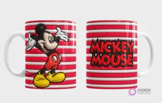 Plantilla 3D de taza con Mickey Mouse de Disney, fondo rojo y blanco a rayas horizontales con efecto 3D, vista frontal de Mickey y trasera con el nombre 'Mickey Mouse'.