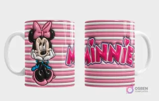Plantilla 3D de taza con Minnie Mouse de Disney, fondo rosa y blanco a rayas horizontales con efecto 3D, vista frontal de Minnie y trasera con el nombre 'Minnie'.