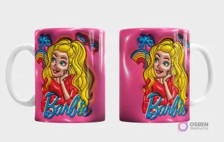 Plantilla 3D de taza con la muñeca Barbie, fondo rosa vibrante texturizado con elementos tropicales y arcoíris, vista frontal de Barbie y trasera con su nombre.