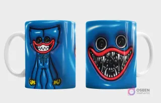 Plantilla 3D de taza con Huggy Wuggy de Poppy Playtime, fondo azul texturizado, vista frontal de cuerpo completo y trasera con su rostro aterrador y dientes afilados.