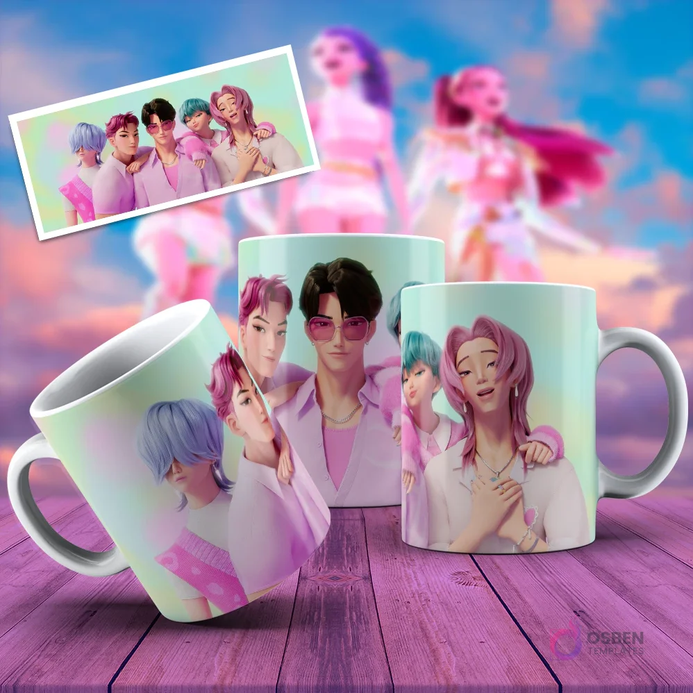 Taza sublimada con personajes masculinos y femeninos de KPOP Demon Hunters en tonos pastel y relajados, con poses amigables