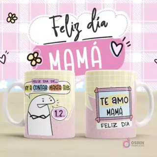 Plantilla para taza Flork Día de la Madre con doble diseño. Una taza dice 'Feliz día de... Voy a contar hasta tres' con un Flork impaciente. La otra taza muestra 'Te amo Mamá Feliz Día' en un marco de corazón, ambas sobre un fondo rosa a cuadros con 'Feliz día MAMÁ'.