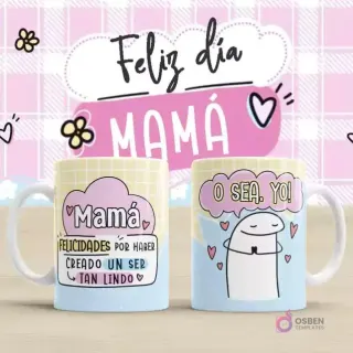 Plantilla para taza Flork Día de la Madre. Una taza con un Flork y el texto 'Mamá, felicidades por haber creado un ser tan lindo'. Otra taza con un Flork con las manos juntas y el texto 'O sea, yo!'. Fondo rosa a cuadros con 'Feliz día MAMÁ'.