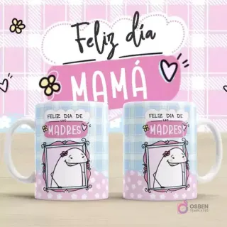 Plantilla para taza Flork Día de la Madre con diseño enmarcado. Dos tazas blancas con fondo rosa a cuadros. Cada taza tiene un Flork dentro de un corazón enmarcado con el texto 'Feliz Día de las Madres', sobre un fondo rosa y azul pastel.