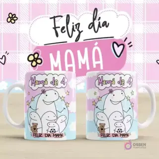Plantilla para taza Flork Día de la Madre con diseño 'Mamá de 4'. Dos tazas blancas con un gran Flork abrazando a cuatro Florks pequeños, con un osito de peluche y un balón. Texto 'Mamá de 4' y 'Feliz Día Mamá'. Fondo rosa a cuadros con 'Feliz día MAMÁ'.