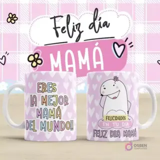 Plantilla para taza Flork Día de la Madre con mensajes positivos. Una taza con el texto 'Eres la mejor Mamá del mundo!!'. Otra taza con un Flork sonriente y el texto 'Felicidades en tu día Feliz Día Mamá'. Fondo rosa con corazones y 'Feliz día MAMÁ'.
