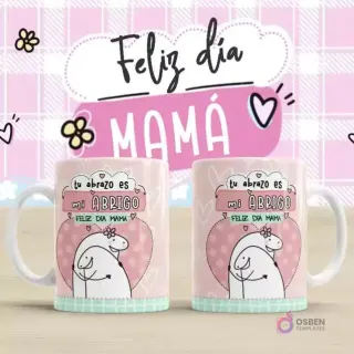 Plantilla para taza Flork Día de la Madre con diseño 'Tu abrazo es mi abrigo'. Dos tazas blancas con un Flork abrazando un gran corazón rosa y el texto 'Tu abrazo es mi abrigo Feliz Día Mamá'. Fondo rosa con corazones y 'Feliz día MAMÁ'.