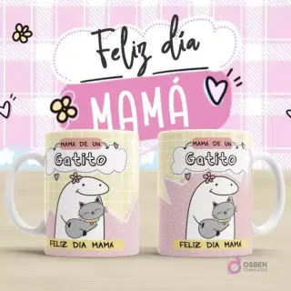 Plantilla para taza Flork Día de la Madre con diseño 'Mamá de un Gatito'. Dos tazas blancas con fondo amarillo a cuadros, mostrando un Flork abrazando un gato gris. El texto dice 'MAMA DE UN Gatito' y 'Feliz Día Mamá'. Fondo rosa a cuadros con 'Feliz día MAMÁ'.