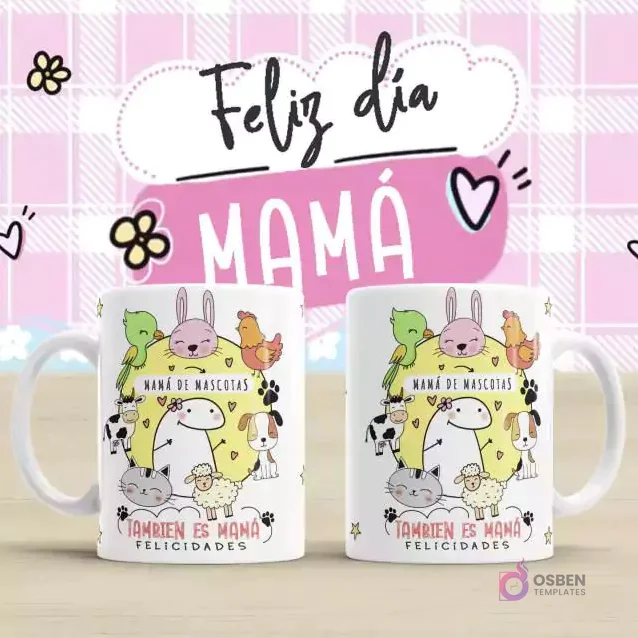 Plantilla para taza Flork Día de la Madre con diseño 'Mamá de Mascotas'. Dos tazas blancas con un Flork rodeado de diferentes animales (conejo, gallina, perro, oveja, vaca, gato), texto 'MAMÁ DE MASCOTAS' y 'TAMBIÉN ES MAMÁ FELICIDADES'. Fondo rosa a cuadros con 'Feliz día MAMÁ'.