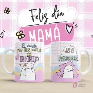 Plantilla para taza Flork Día de la Madre con contrastes del amor maternal. Una taza con un Flork y el texto 'El amor por los niños es INFINITO'. Otra taza con un Flork estresado y el texto 'Ja a Paciencia.'. Fondo rosa a cuadros con 'Feliz día MAMÁ'.