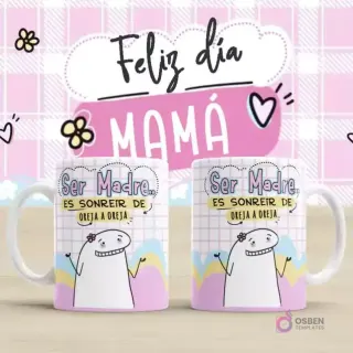 Plantilla para taza Flork Día de la Madre con mensaje 'Ser Madre... ES SONREIR DE OREJA A OREJA'. Dos tazas blancas con un Flork sonriente de oreja a oreja y el texto citado. Fondo rosa a cuadros con 'Feliz día MAMÁ'.