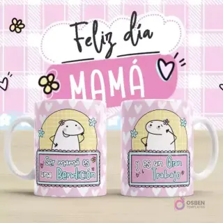 Plantilla para taza Flork Día de la Madre con mensaje de bendición y trabajo. Una taza con un Flork enmarcado y el texto 'Ser mamá es una Bendición'. Otra taza con un Flork enmarcado y el texto 'y es un Gran Trabajo'. Fondo rosa con corazones y 'Feliz día MAMÁ'.