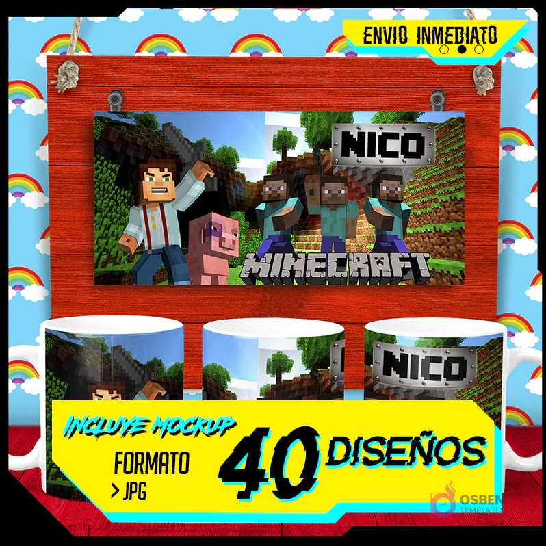 Plantilla para taza de Minecraft con Steve, Alex, cerdo y nombre 'Nico' sobre un fondo de juego pixelado.