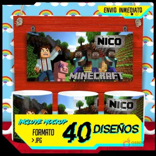 Plantilla para taza de Minecraft con Steve, Alex, cerdo y nombre 'Nico' sobre un fondo de juego pixelado.