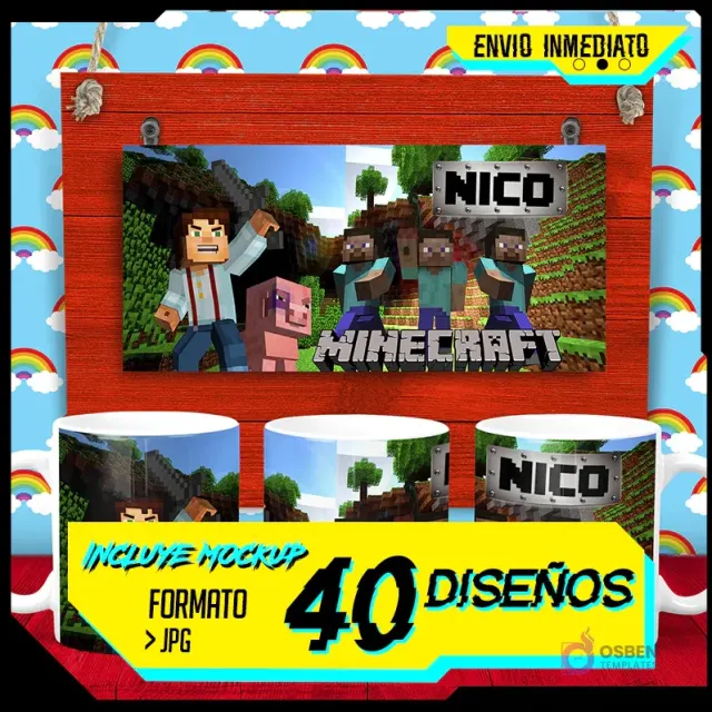 Plantilla para taza de Minecraft con Steve, Alex, cerdo y nombre 'Nico' sobre un fondo de juego pixelado.