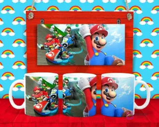 Plantilla para taza de Mario Kart con Mario en primer plano y otros personajes de Nintendo en una carrera de karts.