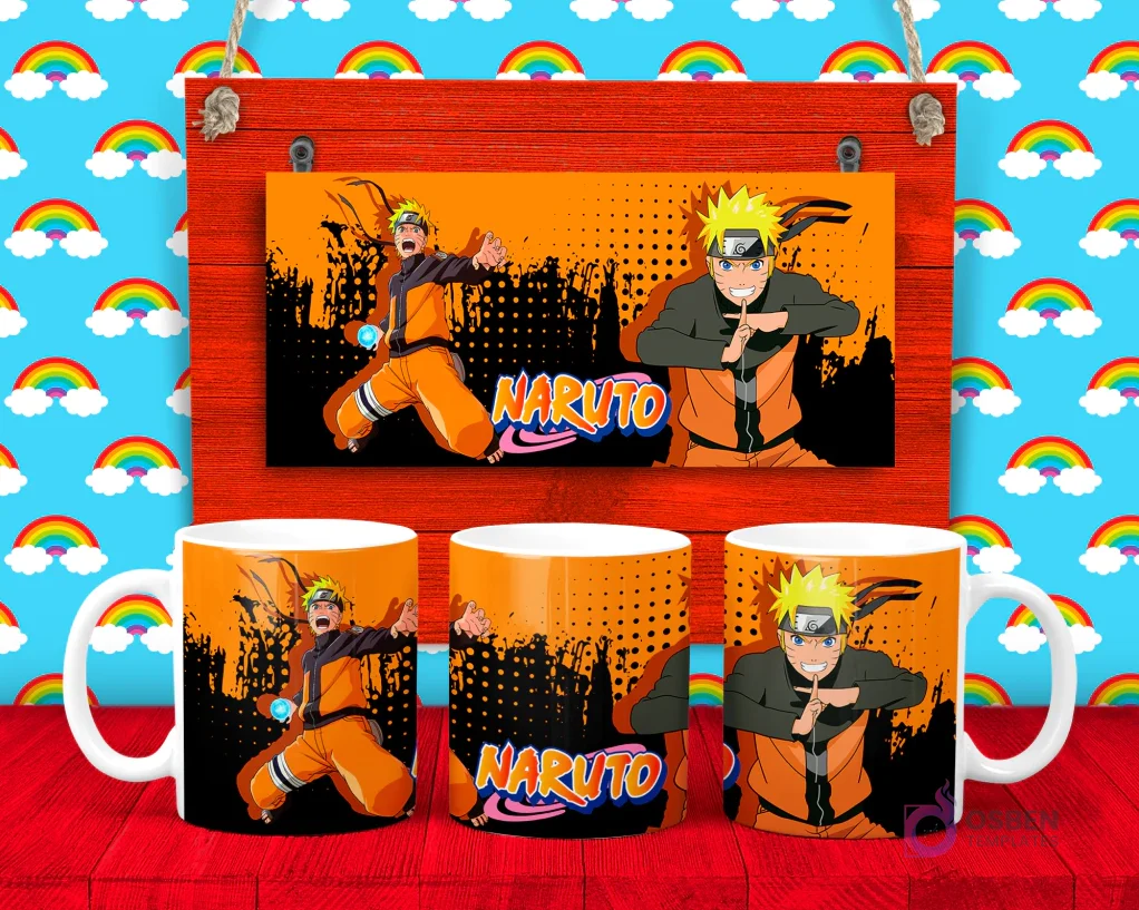 Plantilla para taza de Naruto Uzumaki en pose dinámica con el logo de 'Naruto' sobre un fondo naranja y negro estilo manga.