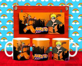 Plantilla para taza de Naruto Uzumaki en pose dinámica con el logo de 'Naruto' sobre un fondo naranja y negro estilo manga.
