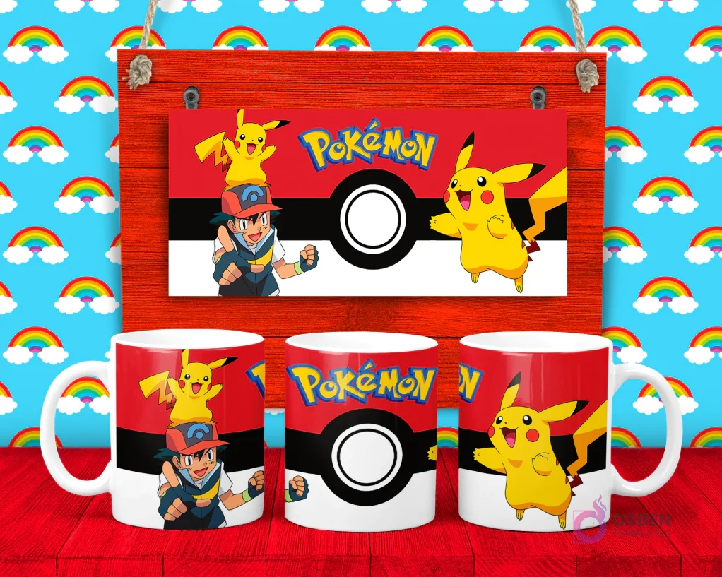 Plantilla para taza de Pokémon con Pikachu, Ash Ketchum y una Pokebola grande en el centro, fondo rojo y blanco.