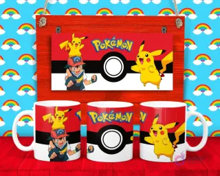 Plantilla para taza de Pokémon con Pikachu, Ash Ketchum y una Pokebola grande en el centro, fondo rojo y blanco.