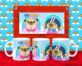 Plantilla para taza de Chip & Potato, mostrando a Chip la pug en dos poses diferentes con arcoíris y nubes.