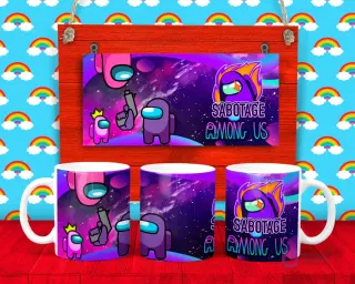 Plantilla para taza de Among Us con dos tripulantes, uno rosa con corona y otro púrpura, con la palabra 'Sabotage' sobre fondo espacial.
