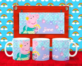 Plantilla para taza de Peppa Pig transformada en sirena con estrellas de mar y el nombre 'Jime', sobre un fondo de escamas marinas.
