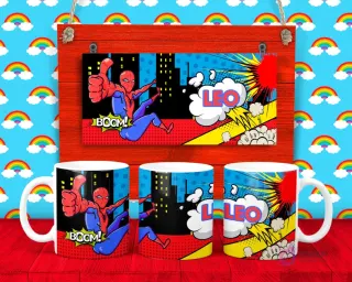 Plantilla para taza de Spider-Man en estilo cómic con onomatopeyas 'Boom!' y 'Leo' en una burbuja de diálogo.