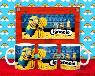 Plantilla para taza de Minions con un Minion abrazando bananas y otros Minions pequeños, incluye el nombre 'Ignacio'.