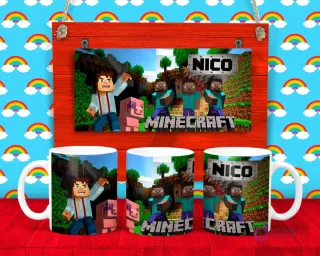 Plantilla para taza de Minecraft con personajes Steve y Alex, junto a un cerdo, y el nombre 'Nico' en un letrero.